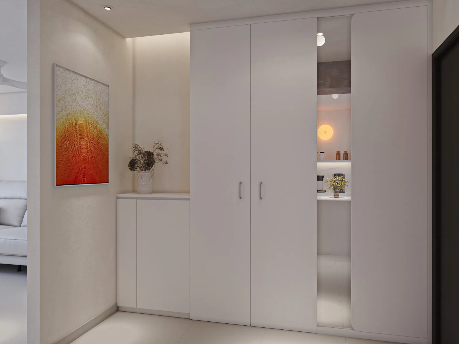 Photoreal 3D render of the entry foyer with feature joinery