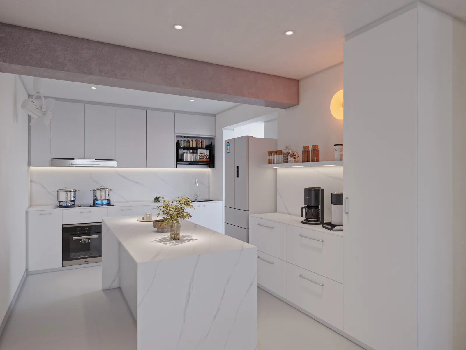 Photoreal 3D render of the kitchen with a stone island